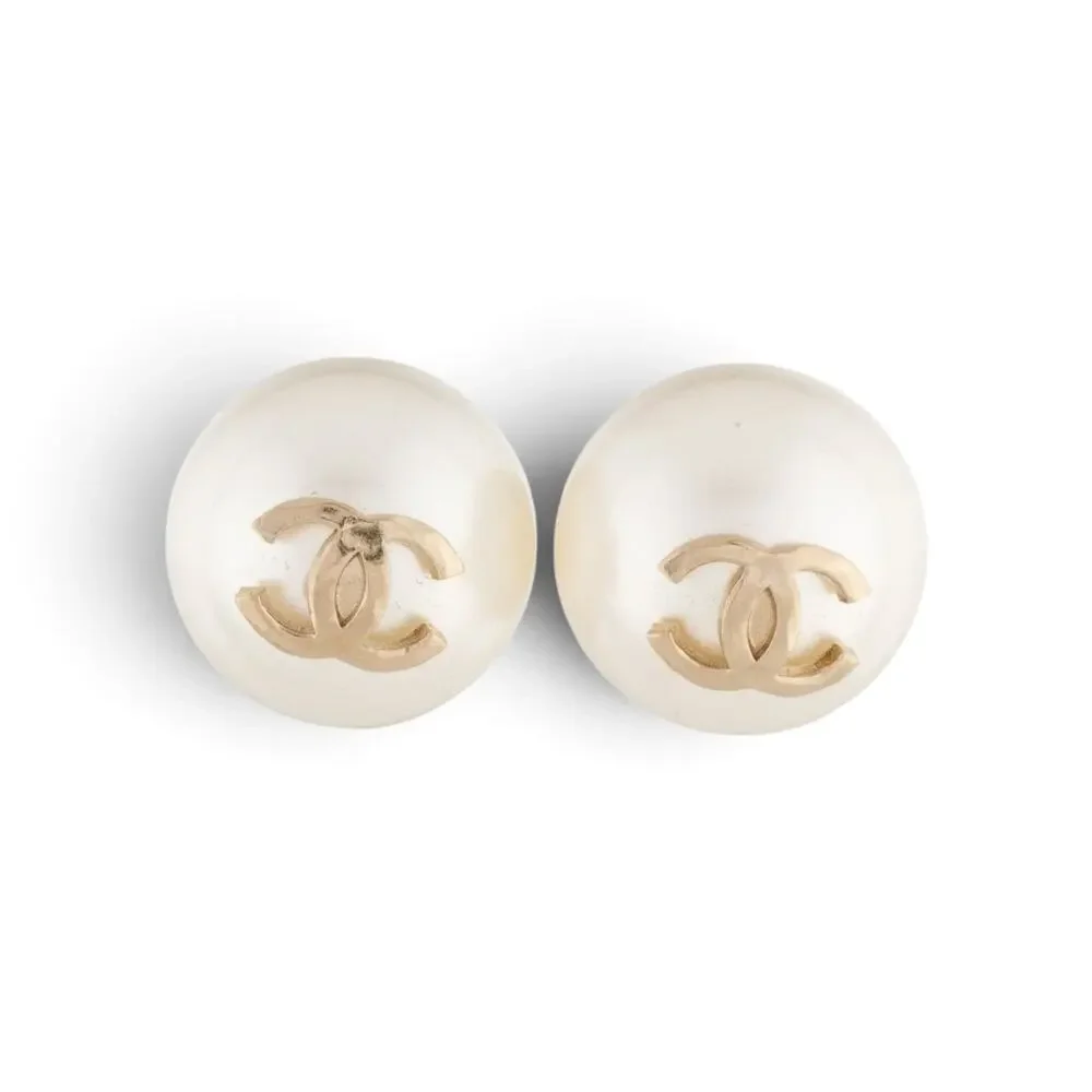 Chanel Gold-tone White Faux Pearl Interlocking CC Stud Earrings